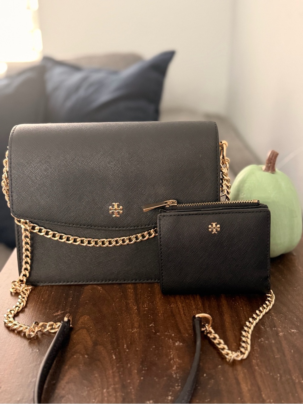 Tory Burch Black Leather Crossbody with Gold Chain and Zip Wallet